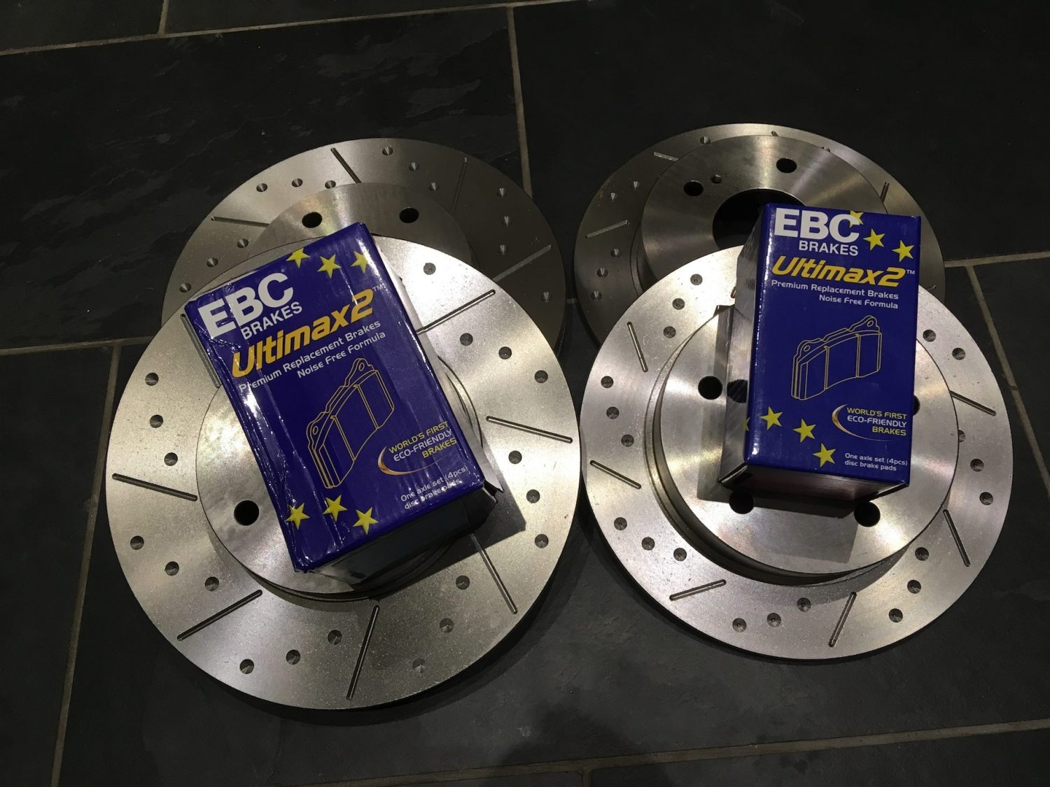 Nissan 200SX S14, S14A, S15 Grooved Brake Discs & EBC UltiMAX Pads, Fnt + Rear